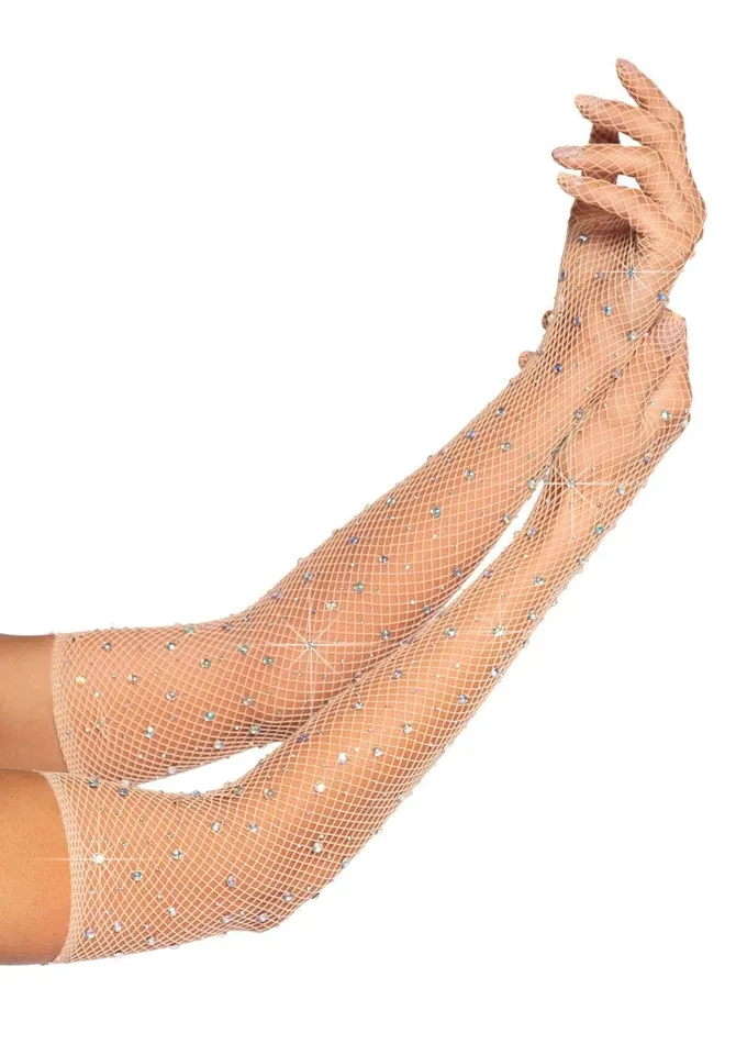 Leg Avenue Vibrators Rhinestone Fishnet Long Gloves Nude
