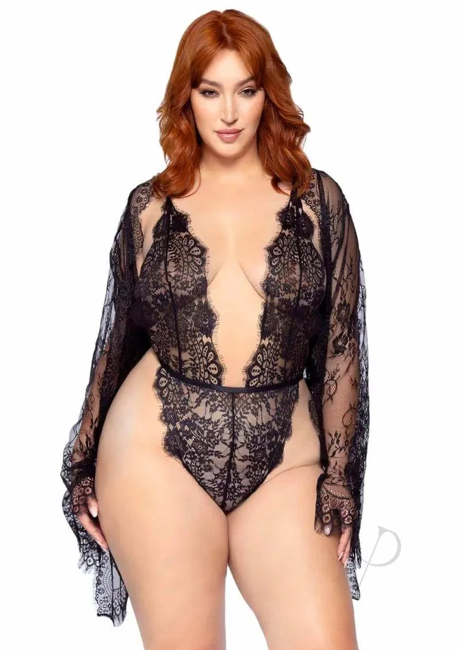 Leg Avenue Inc Anal Floral Teddy Thong Robe 3pc 1x2x Black