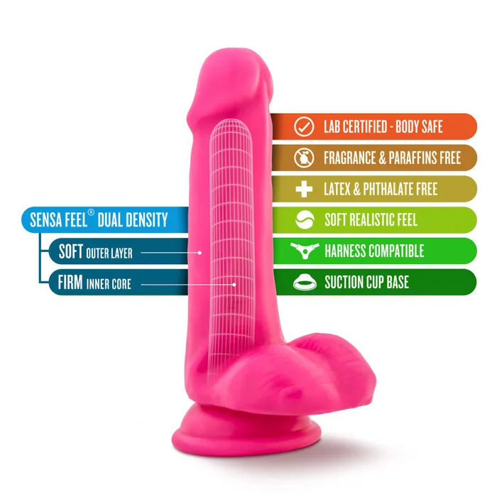 Neo By Blush Realistic Neon Pink 6Inch Long Dildo With Balls Suction Cup Base Blush Dildos