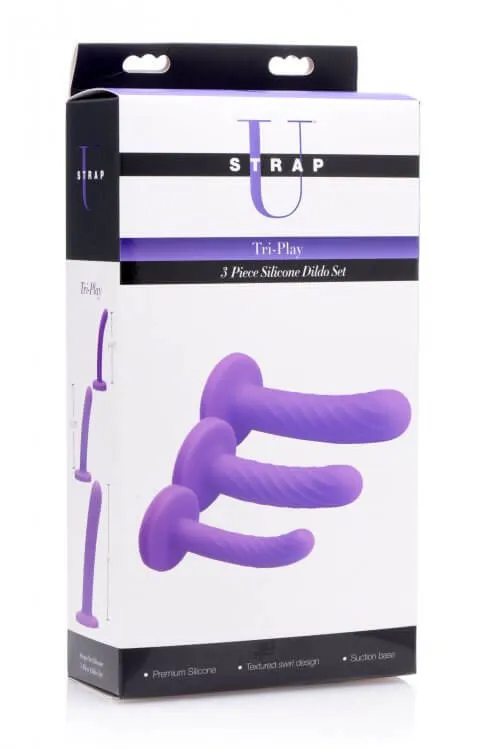 Strap U Tri Play 3 Silicone Dildo Set Purple Perfect for Gradual Penetration Training XR Brands Anal Strap U Tri Play 3 Silicone Dildo Set Purple Perfect for Gradual Penetration Training XR Brands Anal